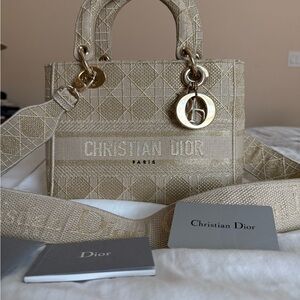 Dior matte gold D-lite embroidered Cannage Quilting bag dust bag cards